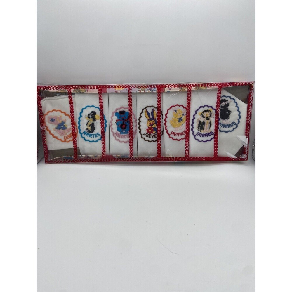 Vintage Days Of Week Handkerchief Spanish Lot Of 7 New In Box Cute Animals
